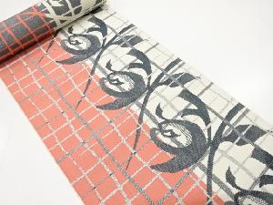 アンティーク　格子に花模様織り出し　八寸帯地反物